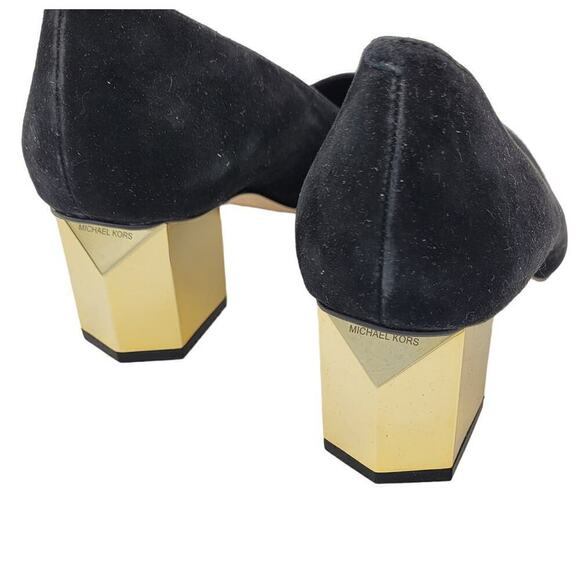 Michael Michael Kors NIB Suede Petra Pumps Black Gold Block Heel Slip On Size 7M - Picture 3 of 14